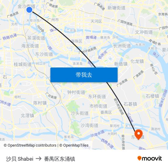 沙贝 Shabei to 番禺区东涌镇 map
