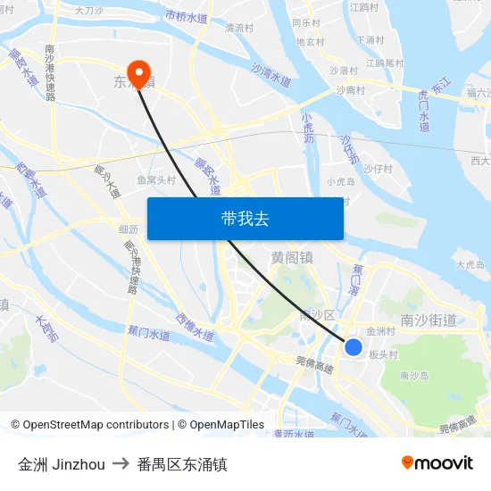 金洲 Jinzhou to 番禺区东涌镇 map