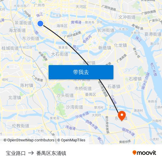 宝业路口 to 番禺区东涌镇 map