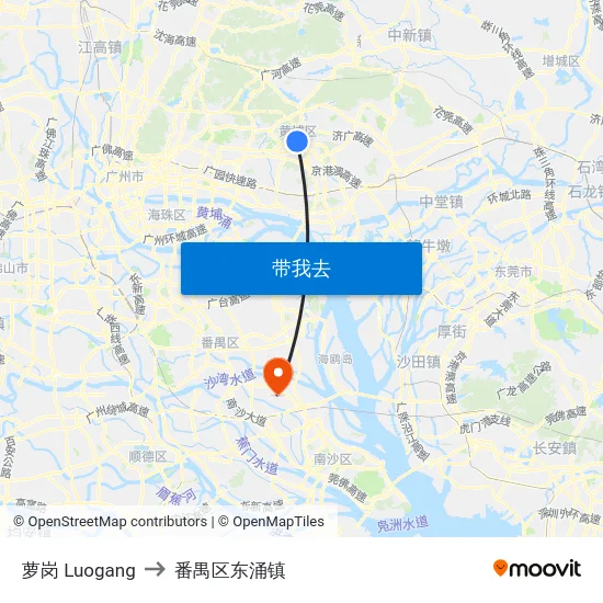 萝岗 Luogang to 番禺区东涌镇 map
