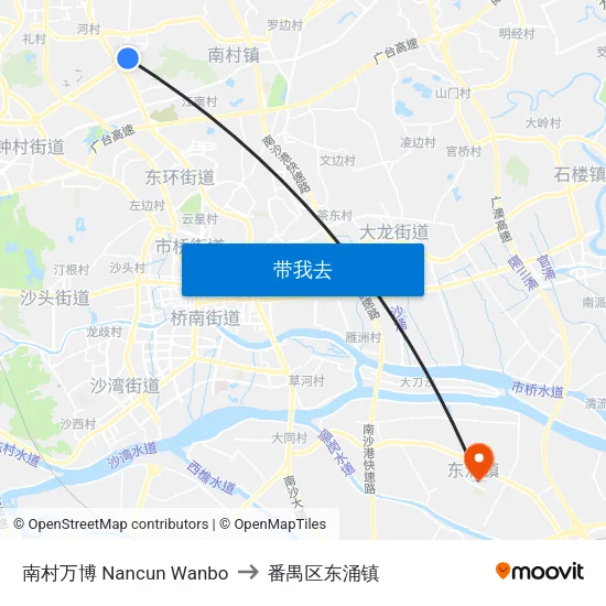 南村万博 Nancun Wanbo to 番禺区东涌镇 map