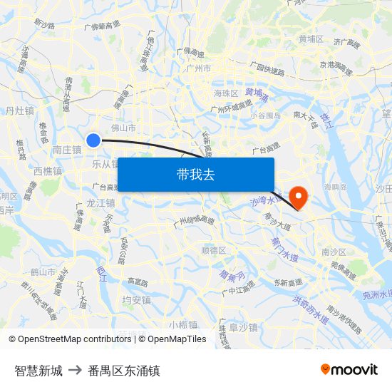 智慧新城 to 番禺区东涌镇 map