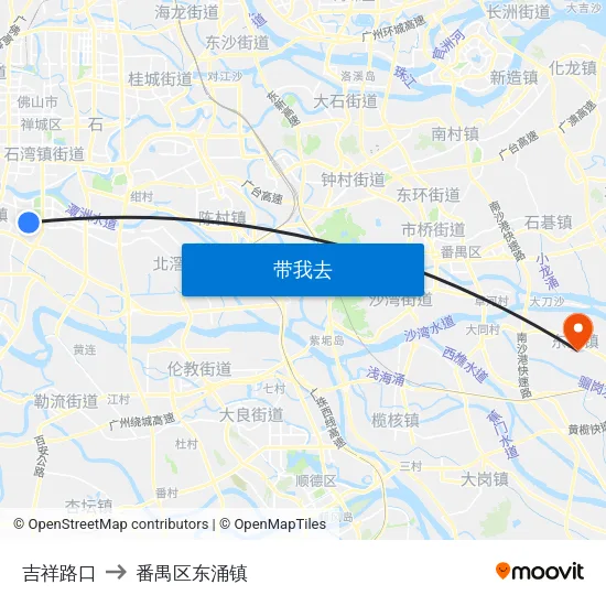 吉祥路口 to 番禺区东涌镇 map
