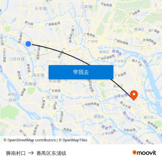 狮南村口 to 番禺区东涌镇 map