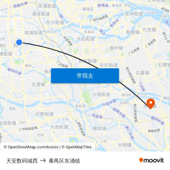 天安数码城西 to 番禺区东涌镇 map