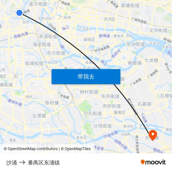 沙涌 to 番禺区东涌镇 map