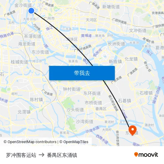 罗冲围客运站 to 番禺区东涌镇 map