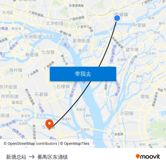 新塘总站 to 番禺区东涌镇 map