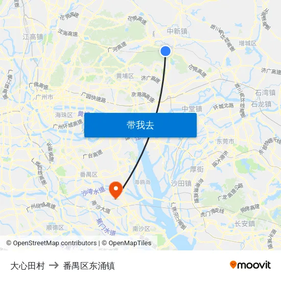 大心田村 to 番禺区东涌镇 map