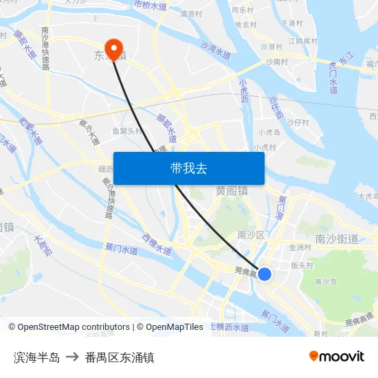 滨海半岛 to 番禺区东涌镇 map