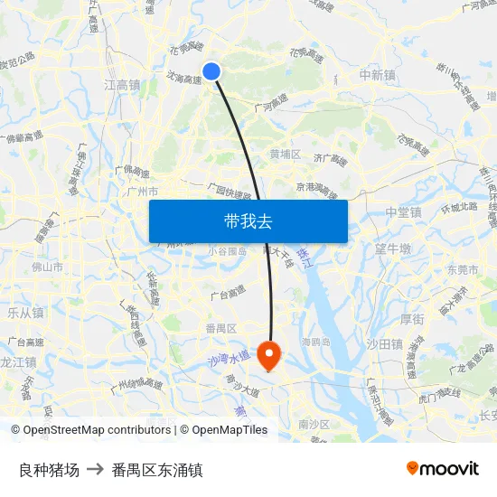 良种猪场 to 番禺区东涌镇 map