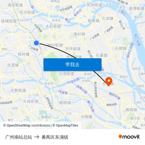 广州南站总站 to 番禺区东涌镇 map