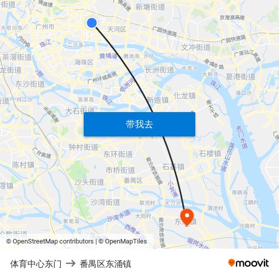 体育中心东门 to 番禺区东涌镇 map