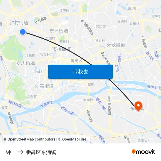 钟一 to 番禺区东涌镇 map
