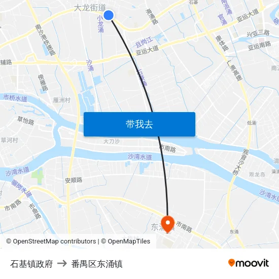 石基镇政府 to 番禺区东涌镇 map