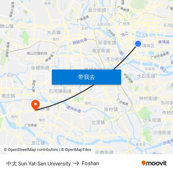 中大 Sun Yat-Sen University to Foshan map