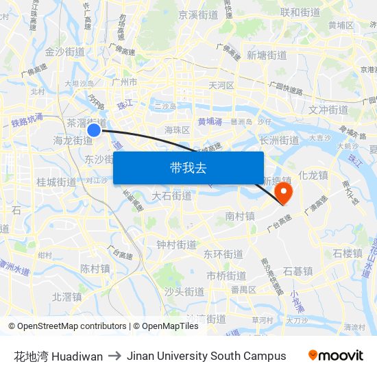 花地湾 Huadiwan to Jinan University South Campus map