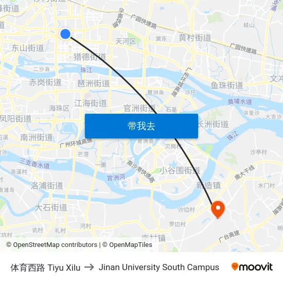 体育西路 Tiyu Xilu to Jinan University South Campus map