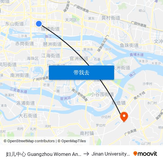 妇儿中心 Guangzhou Women And Children's Medical Center to Jinan University South Campus map