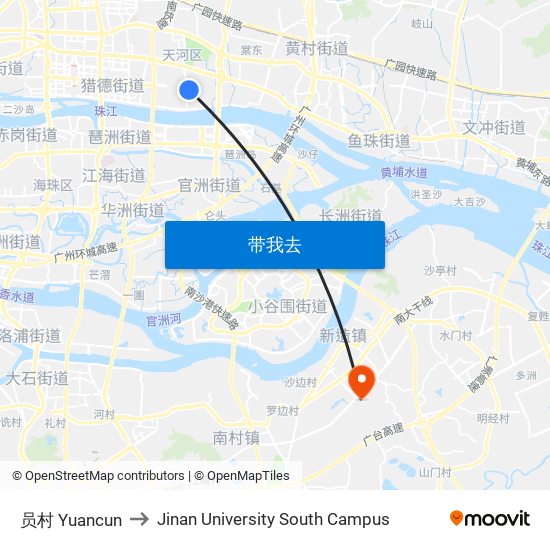 员村 Yuancun to Jinan University South Campus map