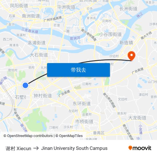 谢村 Xiecun to Jinan University South Campus map