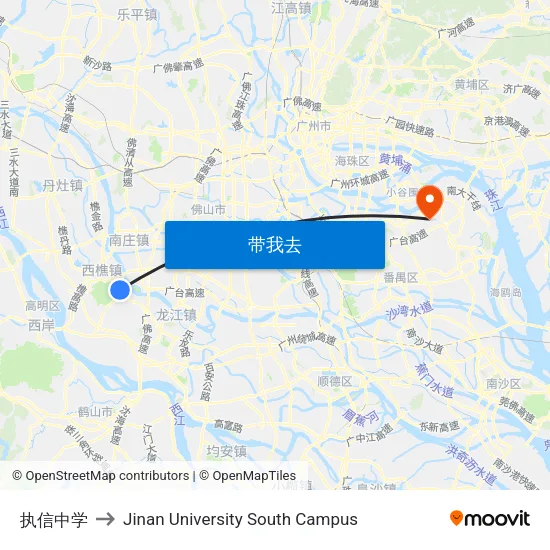 执信中学 to Jinan University South Campus map