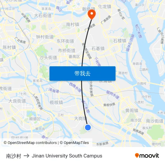 南沙村 to Jinan University South Campus map