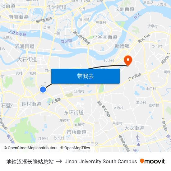 地铁汉溪长隆站总站 to Jinan University South Campus map