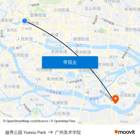 越秀公园 Yuexiu Park to 广州美术学院 map