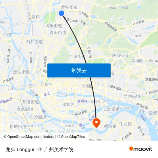 龙归 Longgui to 广州美术学院 map
