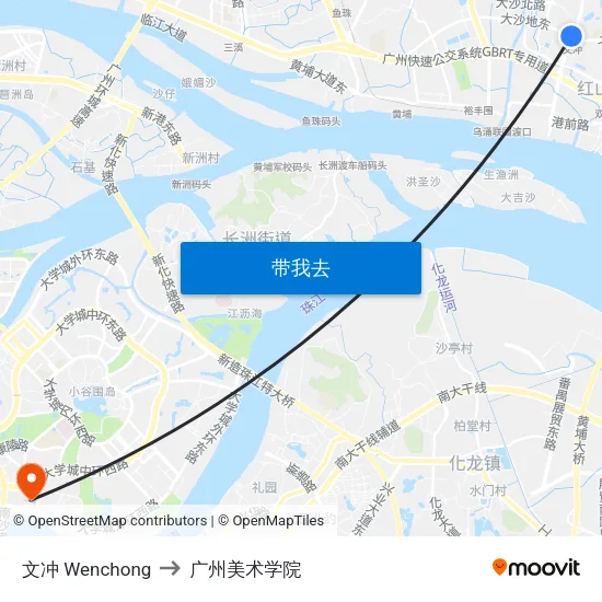 文冲 Wenchong to 广州美术学院 map