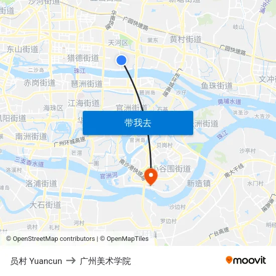 员村 Yuancun to 广州美术学院 map