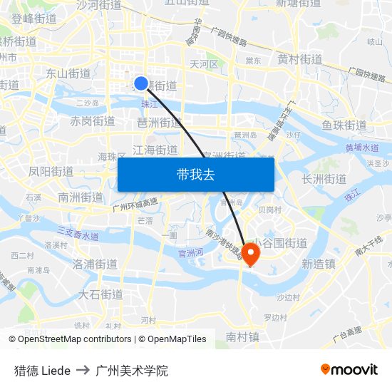 猎德 Liede to 广州美术学院 map