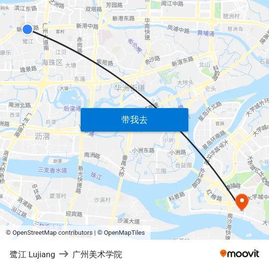 鹭江 Lujiang to 广州美术学院 map