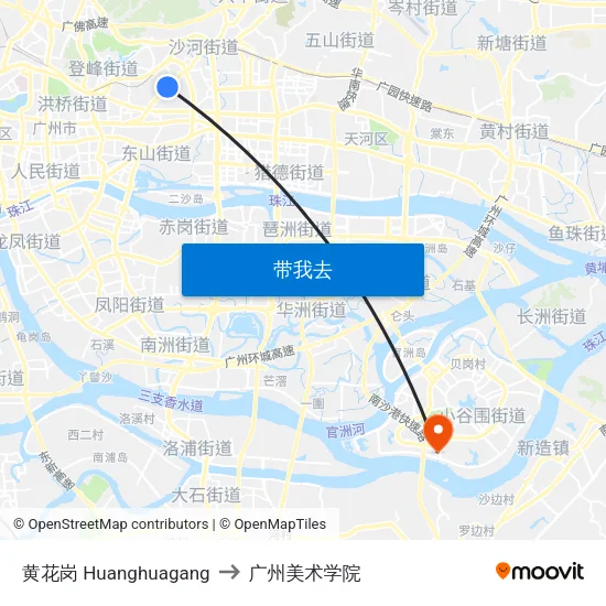 黄花岗 Huanghuagang to 广州美术学院 map