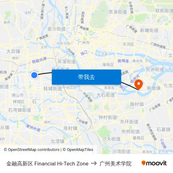 金融高新区 Financial Hi-Tech Zone to 广州美术学院 map