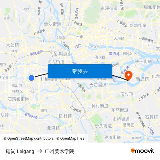 礌岗 Leigang to 广州美术学院 map