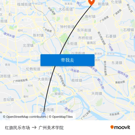 红旗民乐市场 to 广州美术学院 map