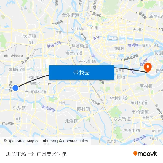 忠信市场 to 广州美术学院 map