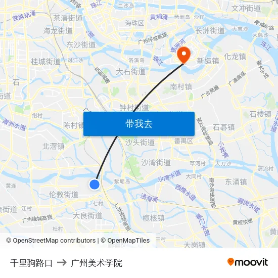 千里驹路口 to 广州美术学院 map