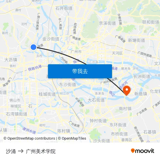沙涌 to 广州美术学院 map