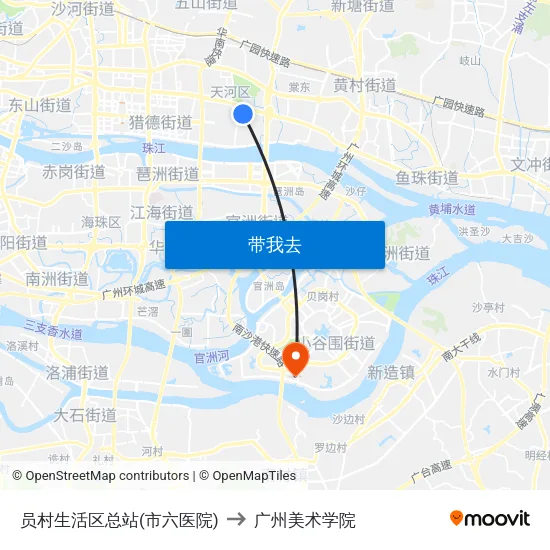 员村生活区总站(市六医院) to 广州美术学院 map