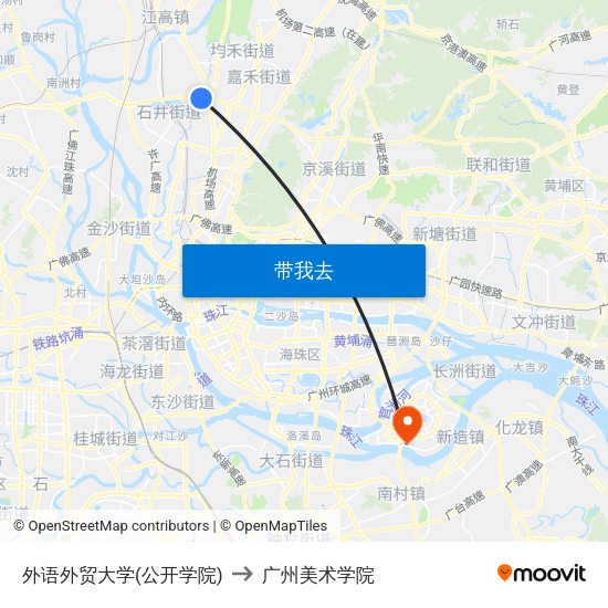 外语外贸大学(公开学院) to 广州美术学院 map