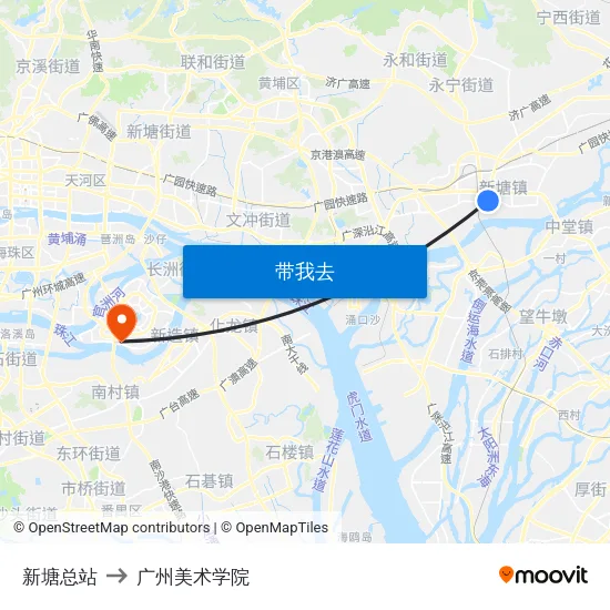 新塘总站 to 广州美术学院 map
