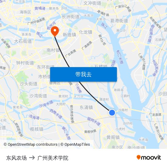 东风农场 to 广州美术学院 map