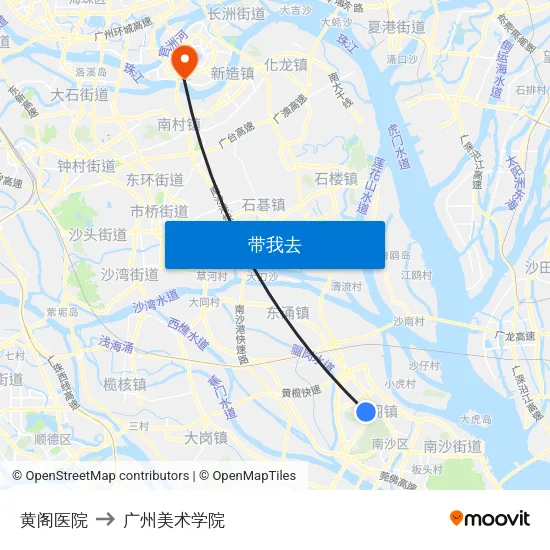 黄阁医院 to 广州美术学院 map