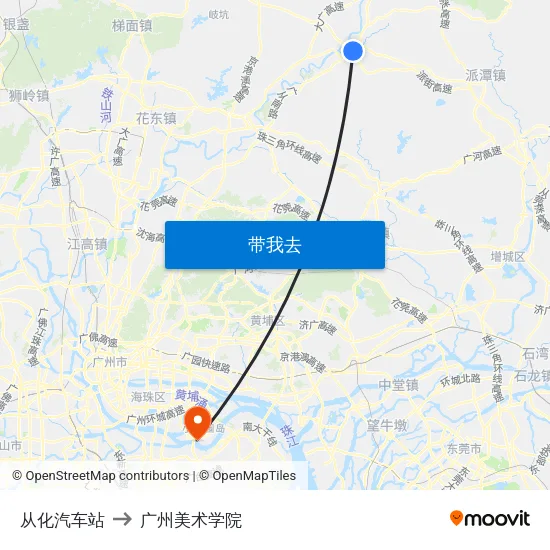 从化汽车站 to 广州美术学院 map