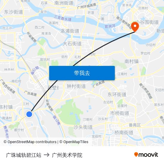 广珠城轨碧江站 to 广州美术学院 map