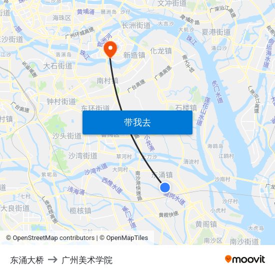 东涌大桥 to 广州美术学院 map