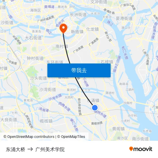 东涌大桥 to 广州美术学院 map